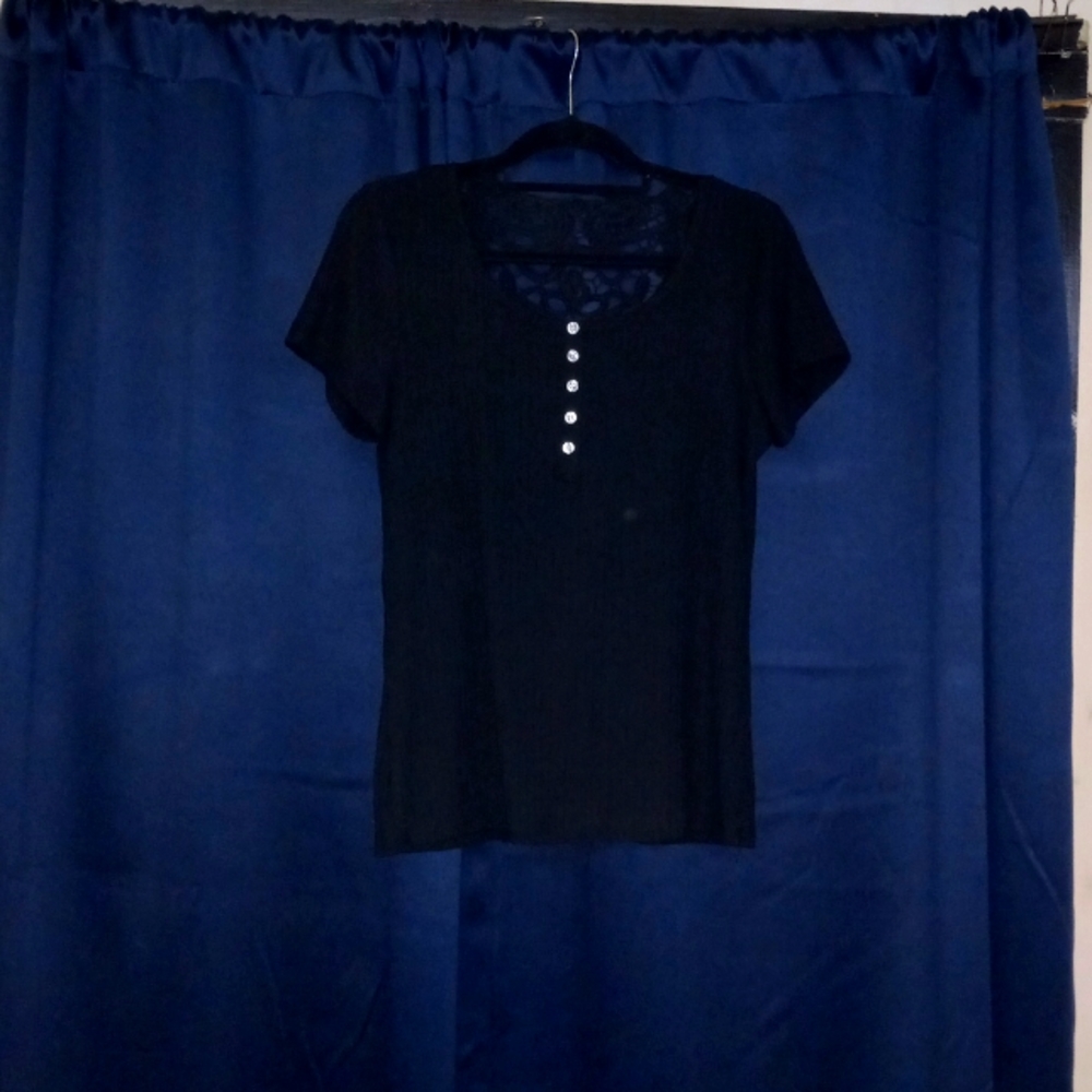 Black Large Ribbed Short Sleeve Shirt Lace Back